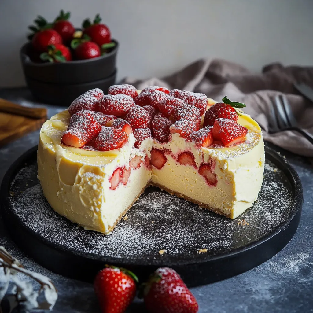Eine Strawberry-Kuchen-Hälfte mit Strawberries auf einem Teller.