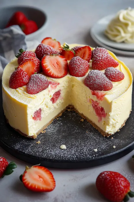 Eine Strawberry-Kuche mit Strawberries und Schaumkäse auf einem Servierfäß.