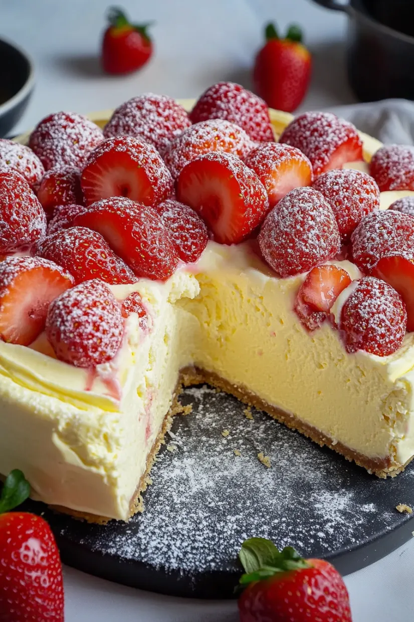Eine Strawberry-Kuchen-Schicht mit Strawberries und Vanille-Eis.