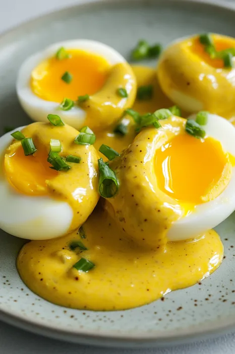 Eier mit Sauce auf einem Teller.