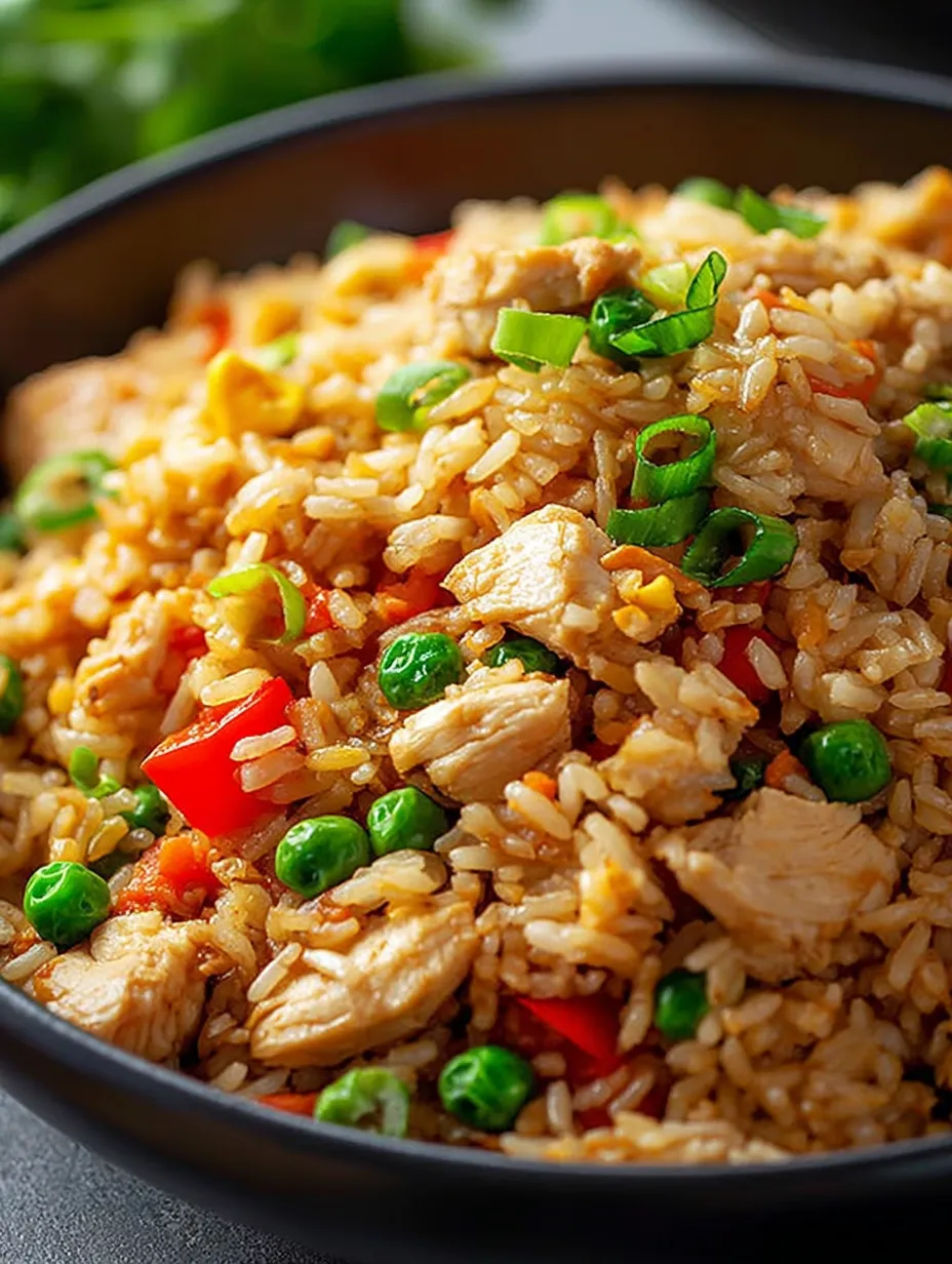Ein schönes Bild von einer Rice-Gerichte mit vielen Zutaten wie Chicken, Peas, Carrots und Zwiebeln.