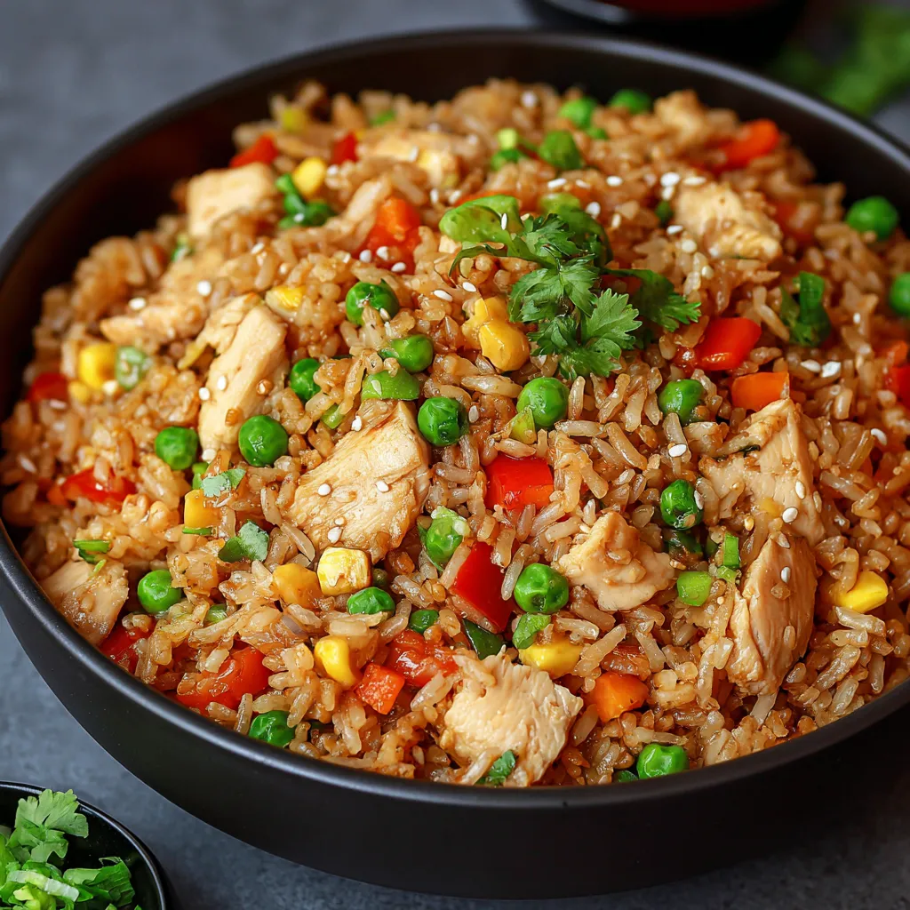 Ein schwarzer Behälter mit einer Mischung aus Reis, Chicken, Peas, Karotten, Paprika und Zwiebeln.