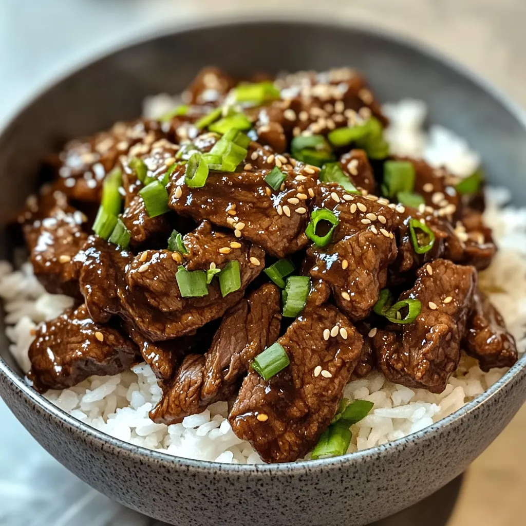 Ein Schüssel mit Rice und Beef in einer Sauce.