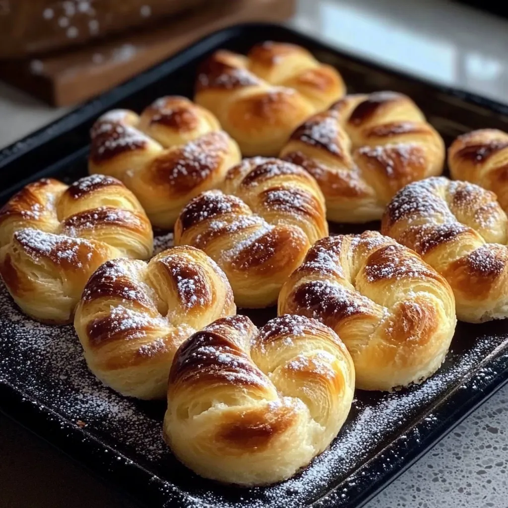 Eine Tasse mit 12 weißen, glasierten Croissants, die mit Zucker bestreut sind.