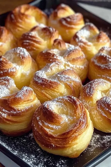 Eine Schicht von weißen, zerzausterte Croissants auf einem Tisch.
