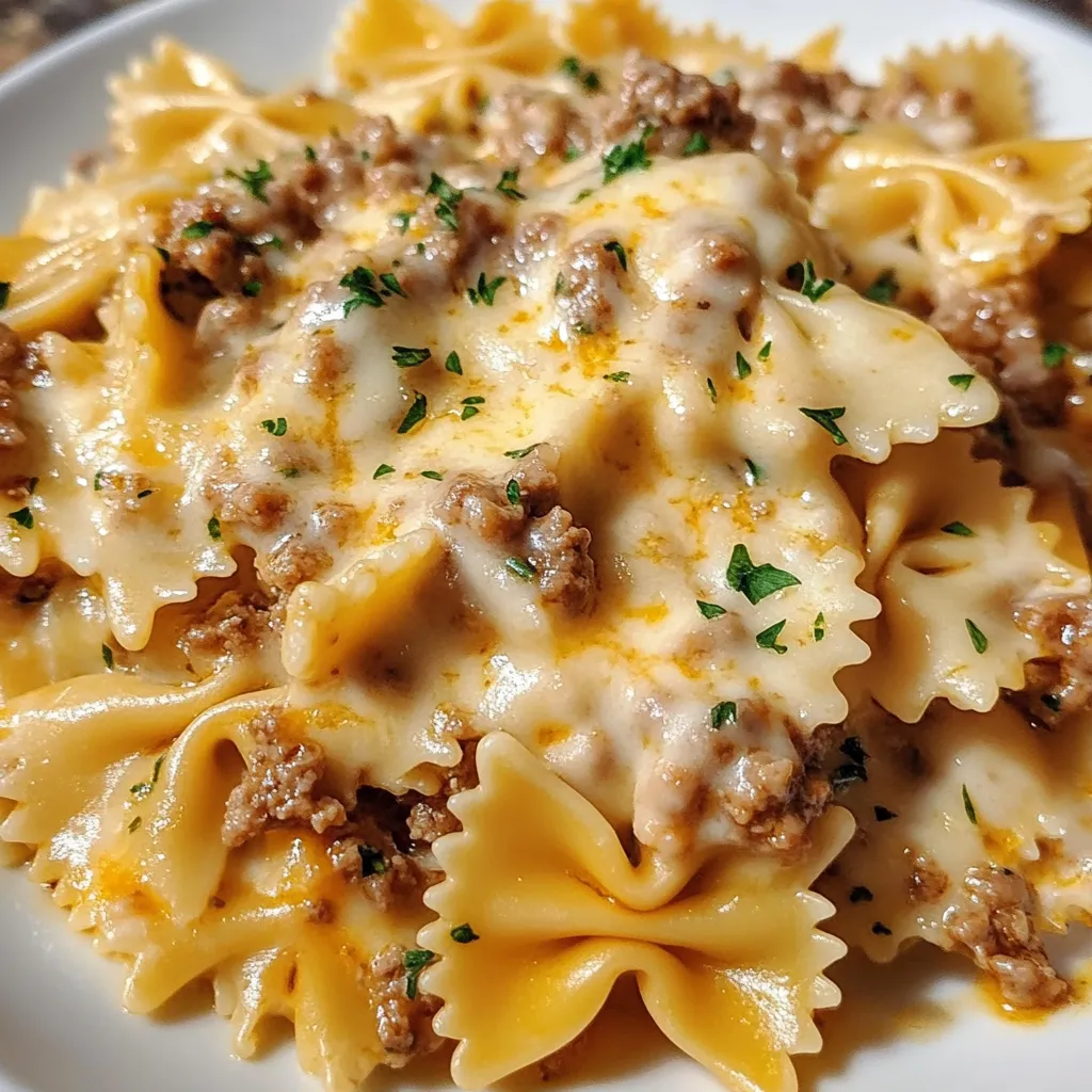 Eine Platte mit Penne-Nudeln, die mit Käse und Rindfleisch garniert sind.
