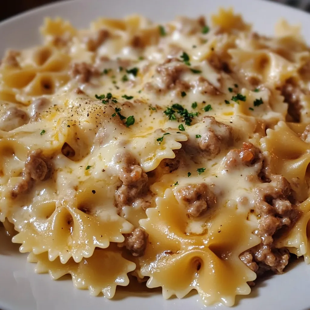 Eine Platte mit Penne-Nudeln und Rindfleisch.