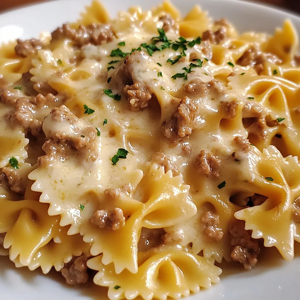 Eine Platte mit Penne-Nudeln und Rindfleisch.