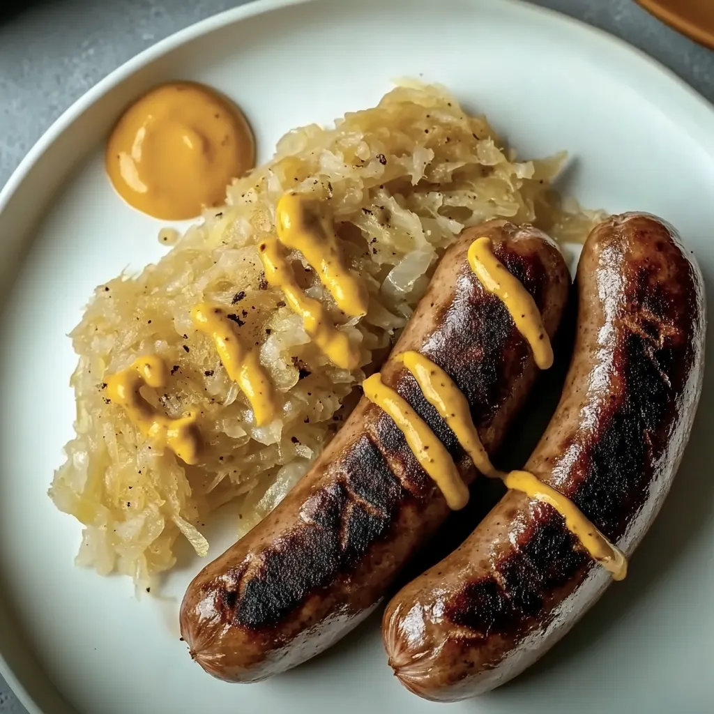 Ein weißer Teller mit zwei grillierten Wurstchen, die mit Senf und Ketchup garniert sind.