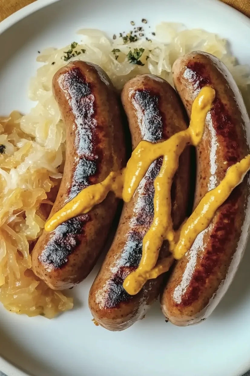 Zwei gebratenen Wurstchen mit Ketchup und Sauerkraut auf einem weißen Teller.