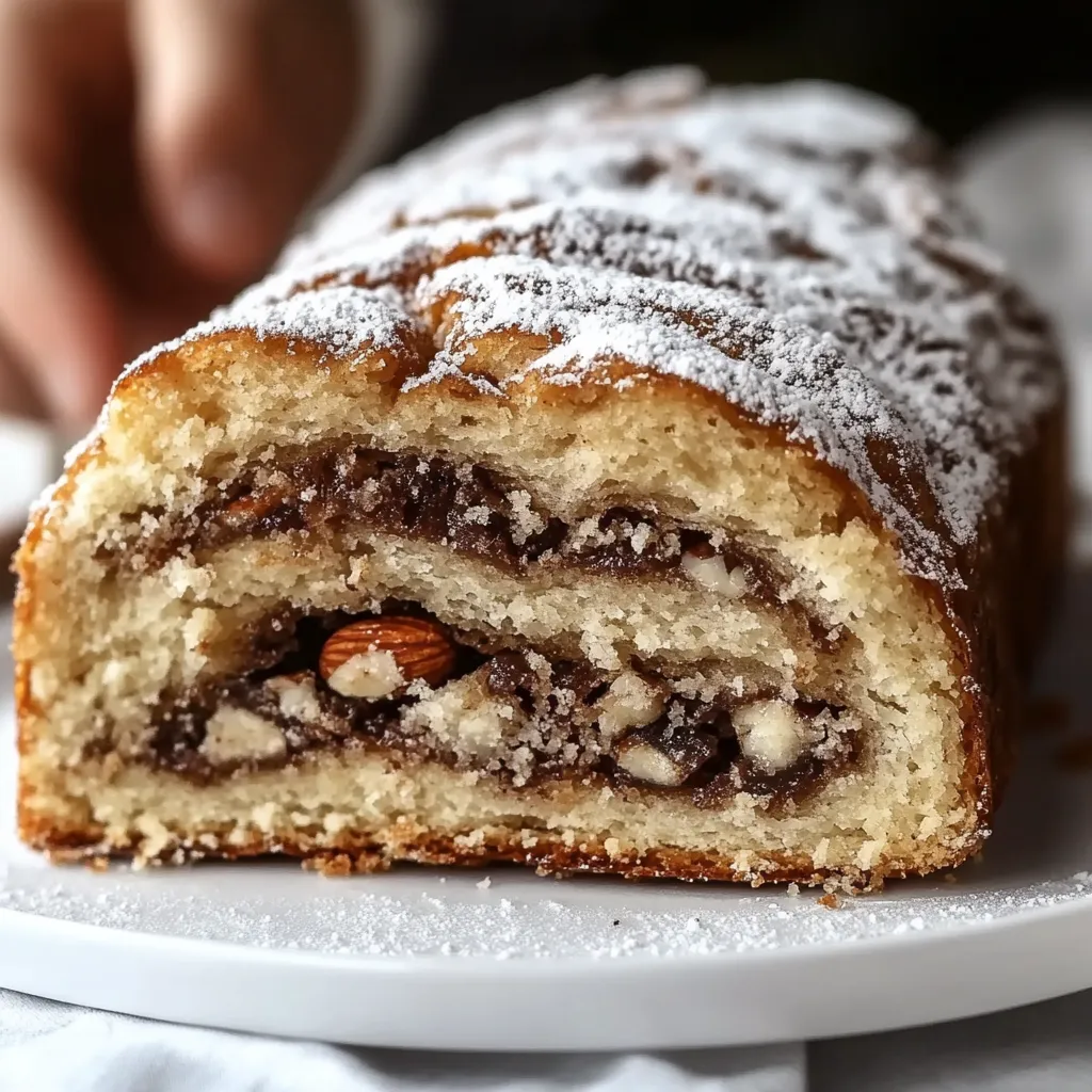Ein Stück Kuchen mit Schokoladenglasur und Walnuss, auf einem weißen Teller.