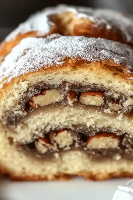 Eine halbe Nusskuche mit Nüssen und Zucker.