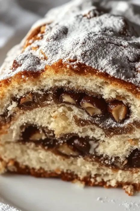 Ein Stück Kuchen mit Nüssen und Zucker auf einem Teller.