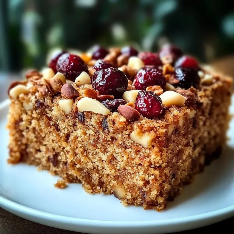 Ein weißer Teller mit einer Cake-Torte, die mit Nüssen, Früchten und Schokolade garniert ist.