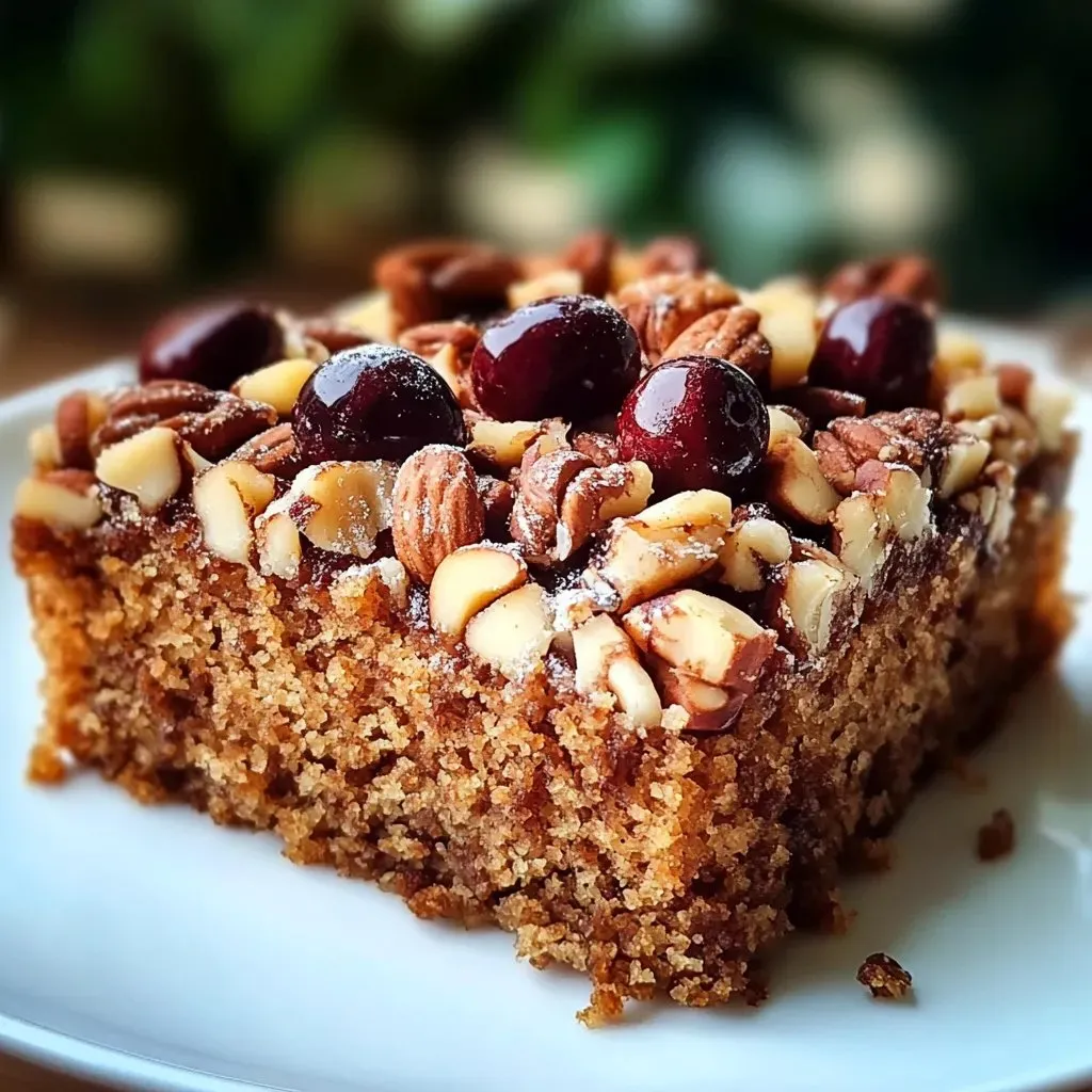 Ein weißer Teller mit einem Stück Kuchen, der mit Walnüssen und Cherry-Kirschen garniert ist.