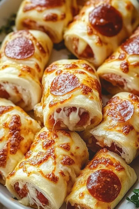 Eine Schicht von Pizza-Rollen, die in einer Schüssel liegen.