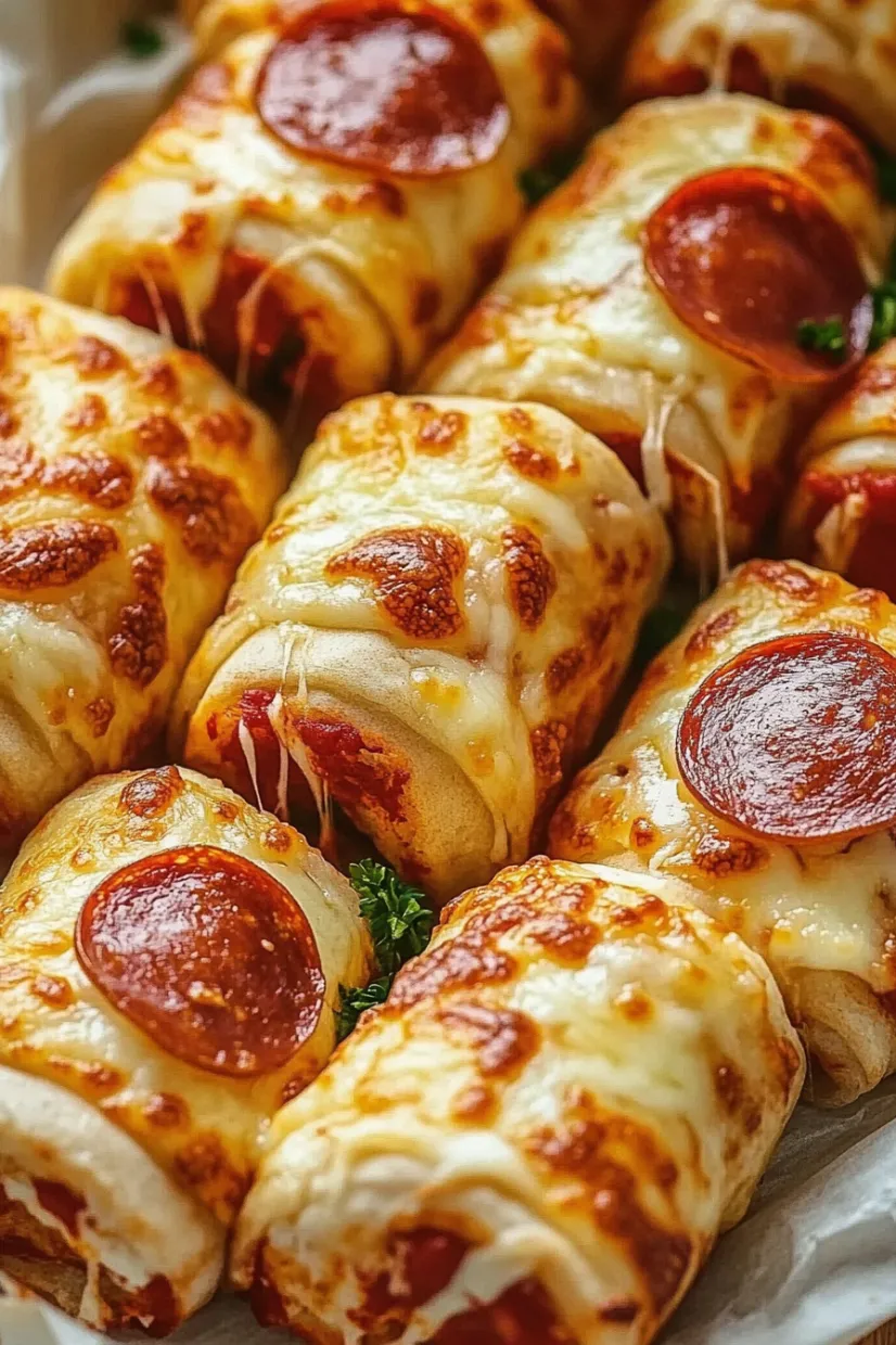 Eine Schmelzkäse-Rolle mit Pizza-Toppingen, darunter Tomaten und Basilikum.