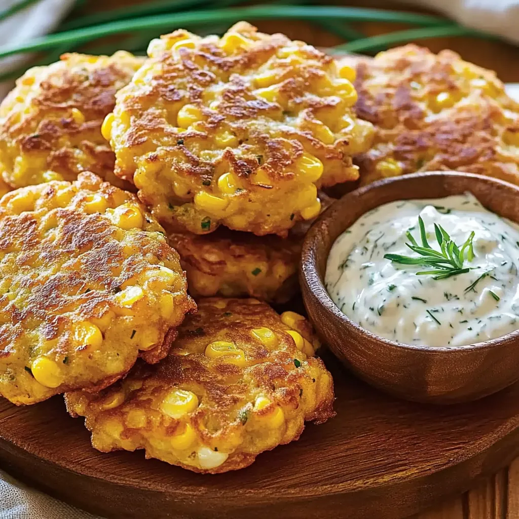 Ein Holzplatter mit Maispuffern und einer Schüssel mit Mayonnaise.