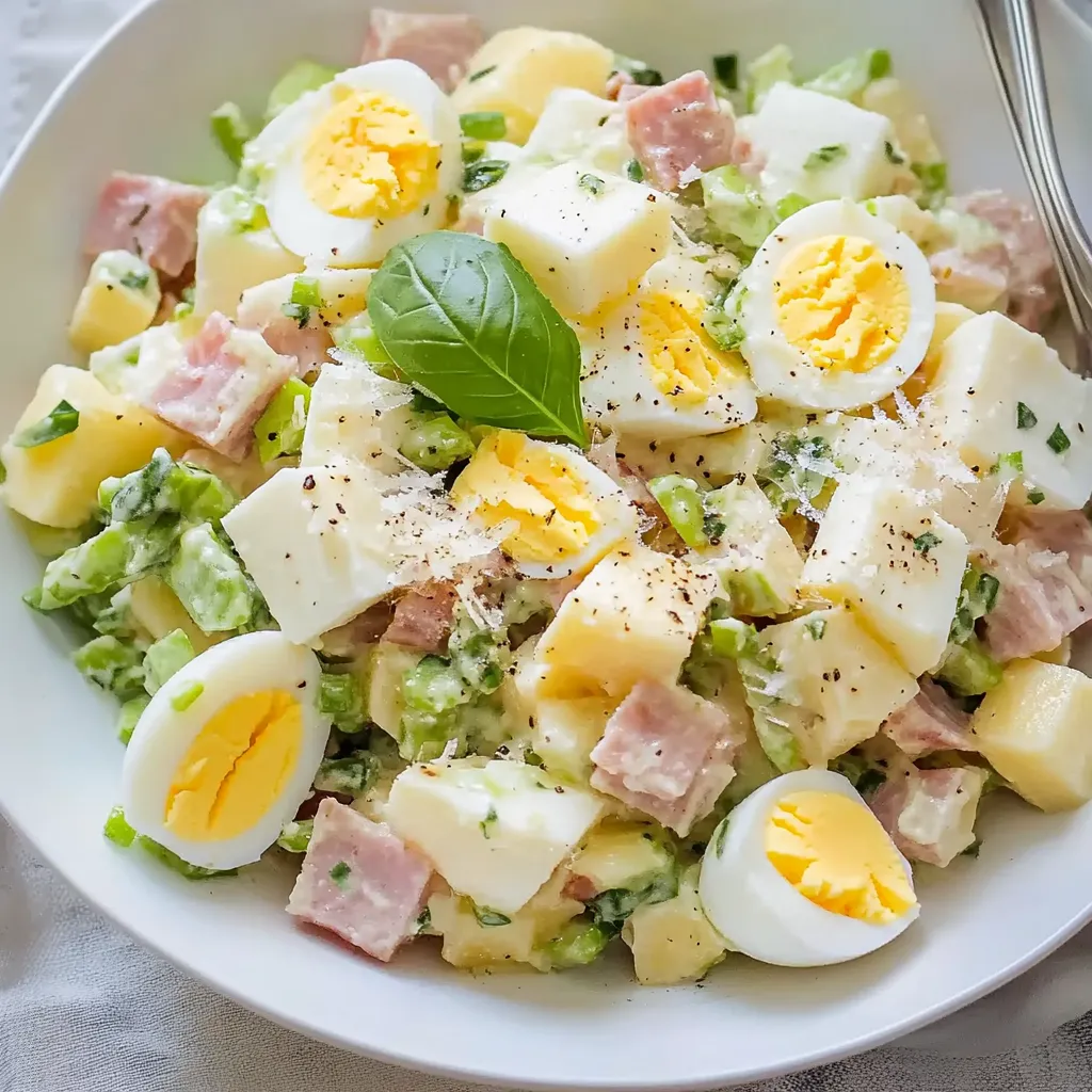 Ein weißer Teller mit Eiern, Ham, Zwiebeln und Kartoffeln.