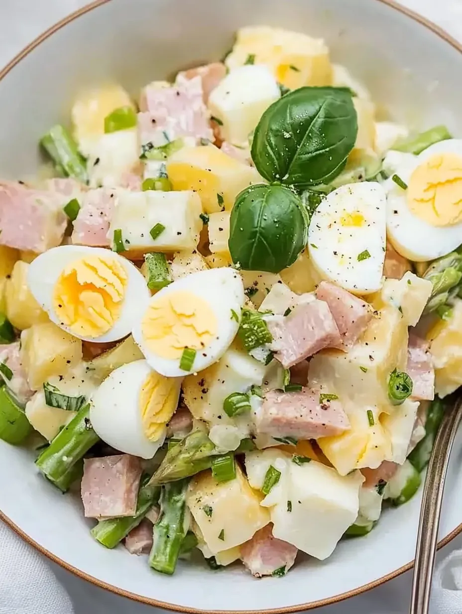 Ein weißer Teller mit Spargelsalat, Eiern und Schinken.