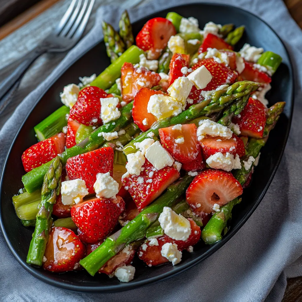 Ein schwarzes Becken mit grünen Asparagus und roten Strawberries.