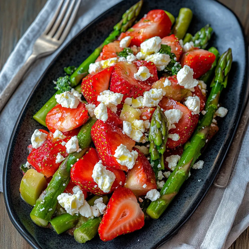 Ein schönes Gericht aus Strawberries, Asparagus und Feta-Käse auf einem schwarzen Teller.