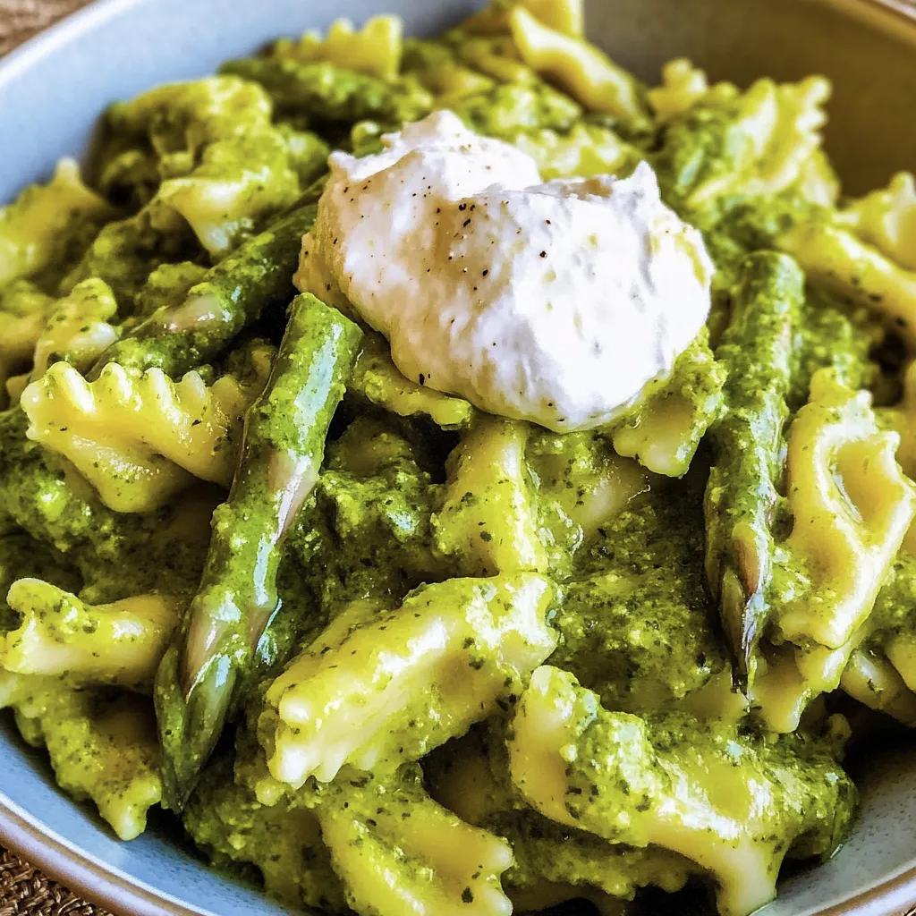 Ein Bild von einer Pasta-Gerichte, die mit Bärlauchpesto, grünem Spargel und Burrata zubereitet wurde.