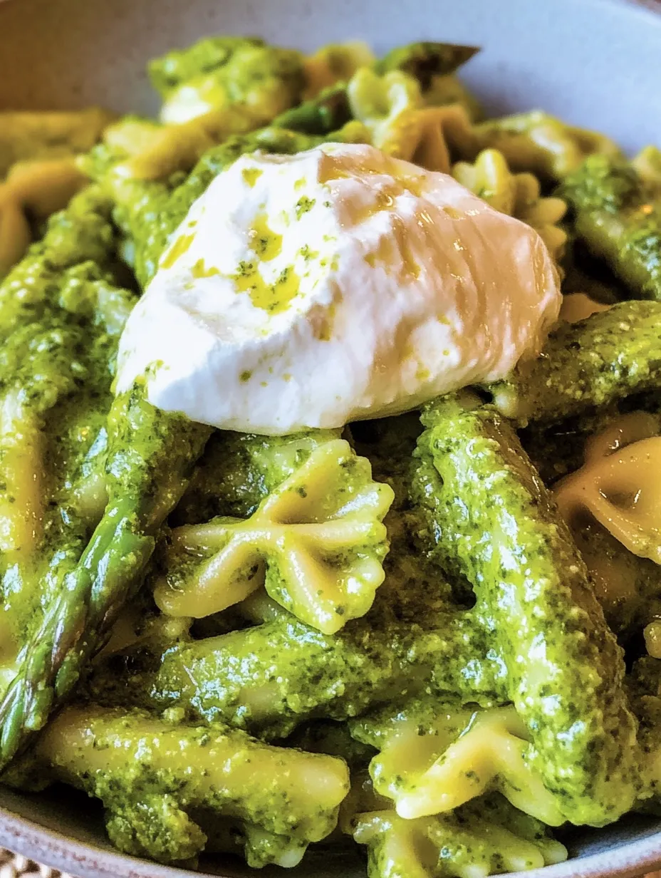 Eine Platte mit Pasta, die mit Bärlauchpesto, grünem Spargel und Burrata garniert ist.