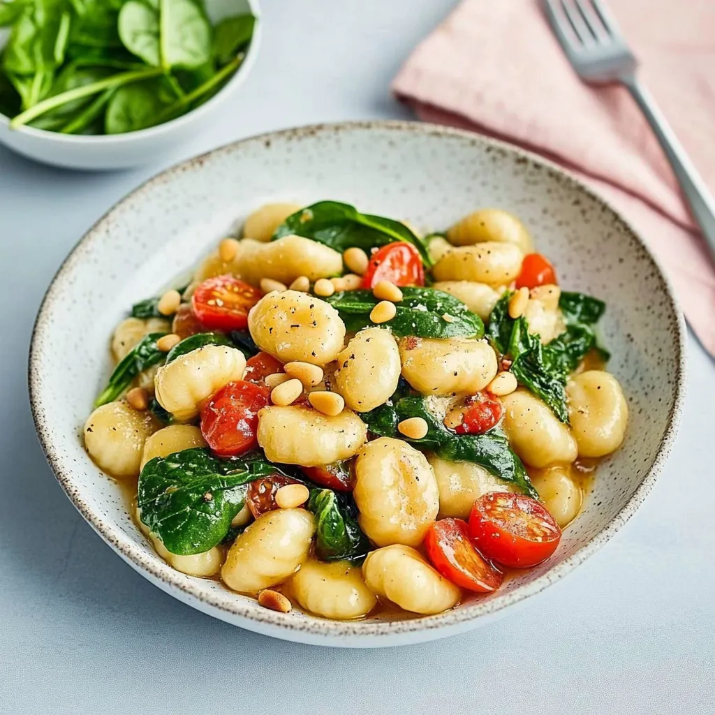Ein weißer Teller mit Gnocchi und Spinat.