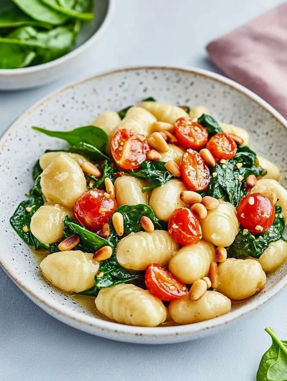 Ein weißer Teller mit Gnocchi und Spinat.