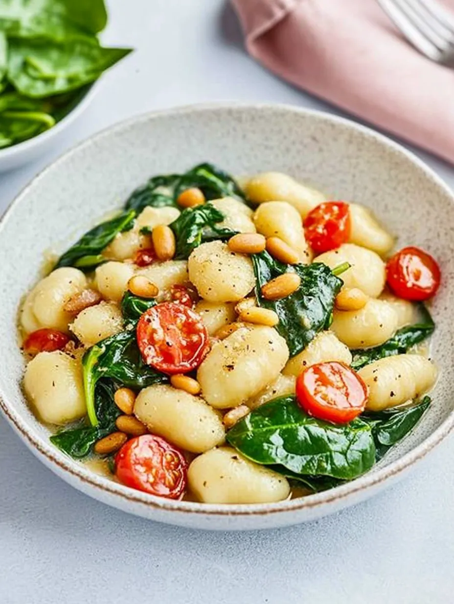 Ein Schüssel mit Gnocchi und Spinat.