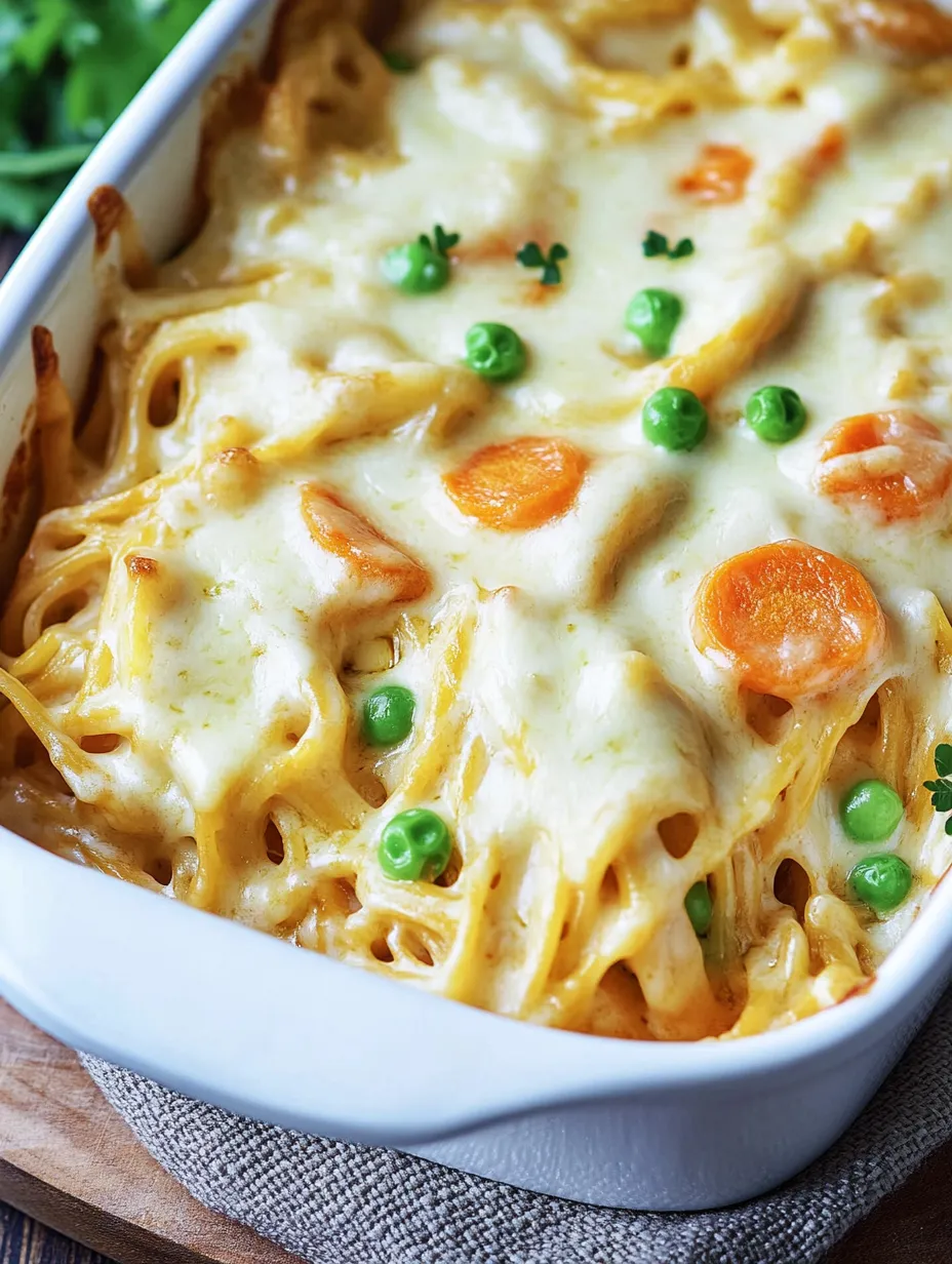 Ein weißer Teller mit Spaghetti-Auflauf, der mit Kartoffeln, Karotten und Peas garniert ist.