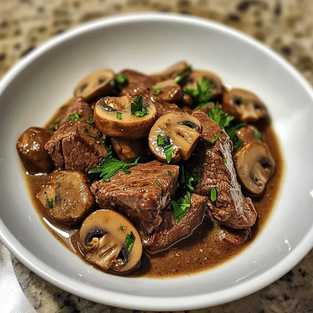 Ein weißer Teller mit einer Mischung aus Fleisch, Mushrooms und Zwiebeln.