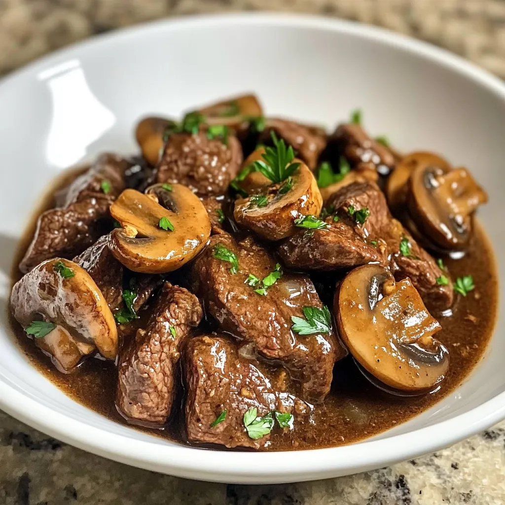 Ein weißer Teller mit einer Mischung aus Fleisch, Mushrooms und Zwiebeln.