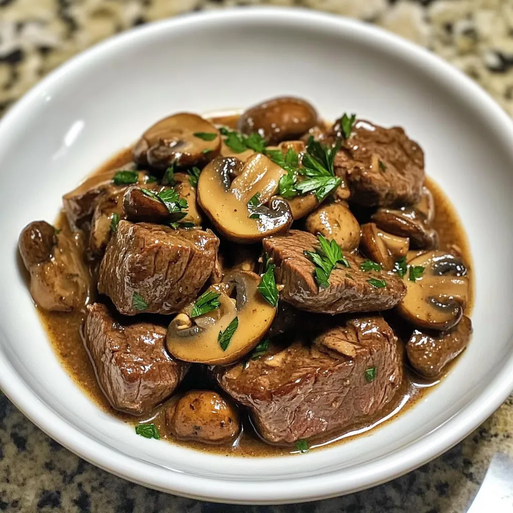 Ein weißer Teller mit einer Mischung aus Fleisch, Mushrooms und Zwiebeln.