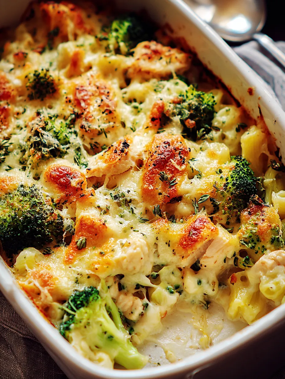 Ein weißer Teller mit einer Mischung aus Käse, Broccoli und Chicken.