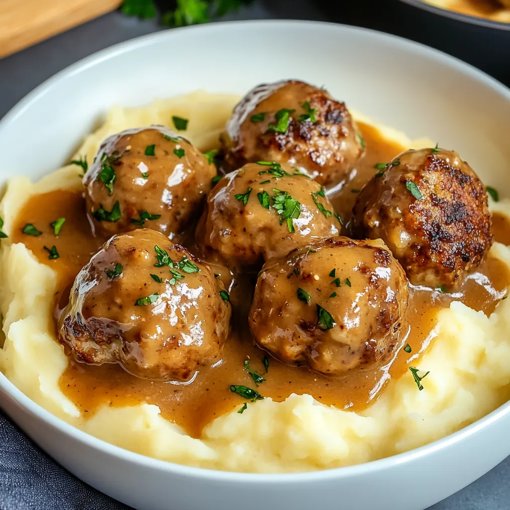 Ein weißer Teller mit gravy und garniert mit grünen Zwiebeln und Zwiebelstängeln, auf dem sich sechs saure Kartoffeln und sechs saure Kartoffelkugeln befinden.