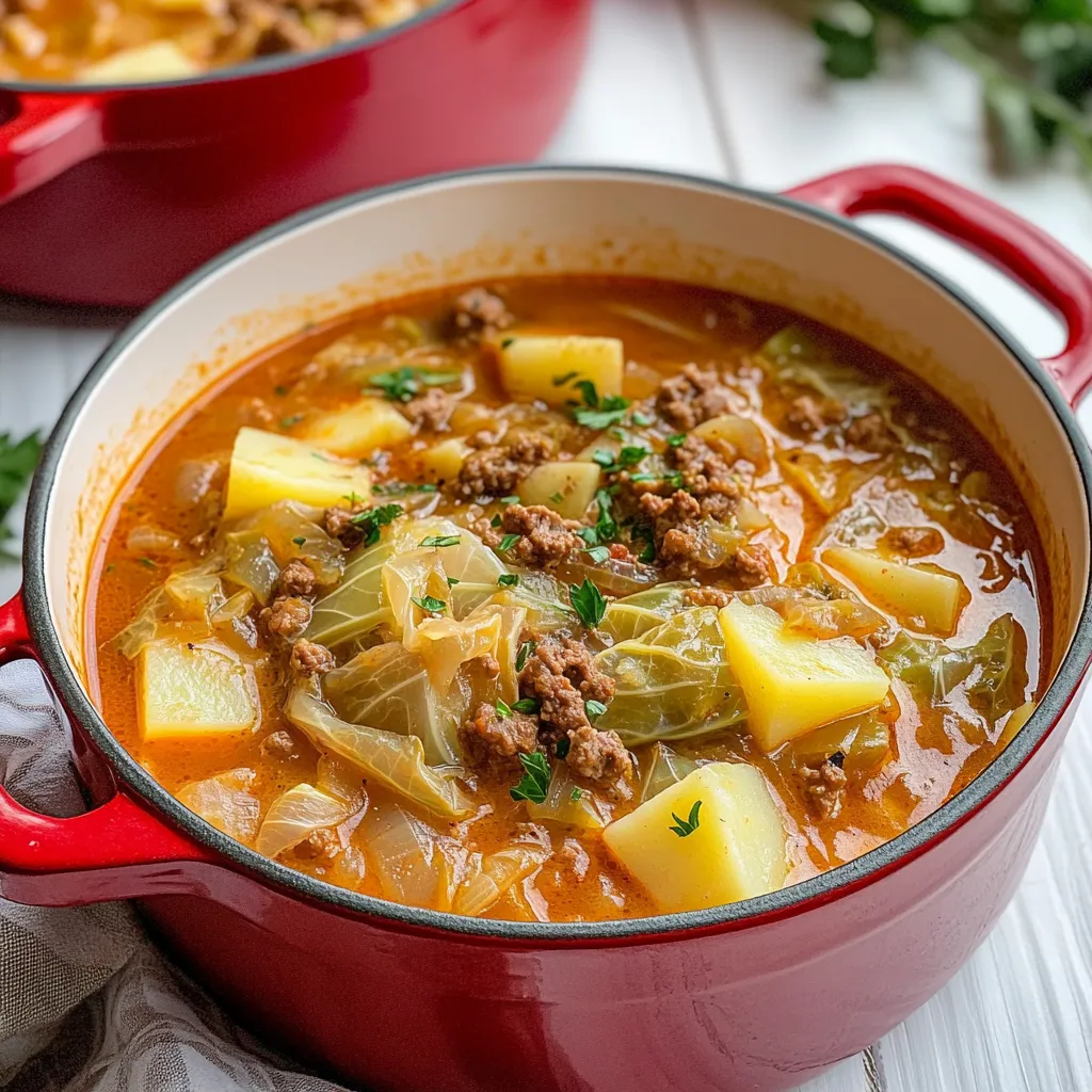 Ein rotes Topf mit einer Mischung aus Wirsing, Hackfleisch und Kartoffeln.