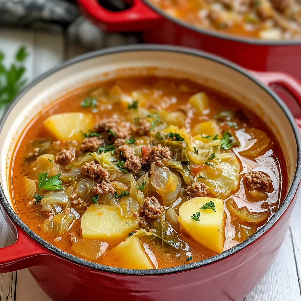 Ein rotes Topf mit einer Mischung aus Wirsing, Hackfleisch und Kartoffeln.