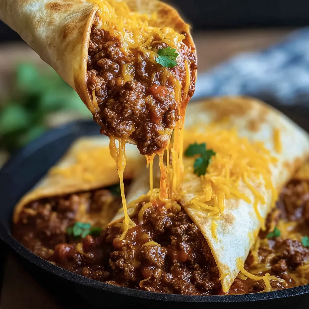 Ein Schmelztopf mit Chili-Tacos, die mit Cheddar-Käse und Koriander garniert sind.