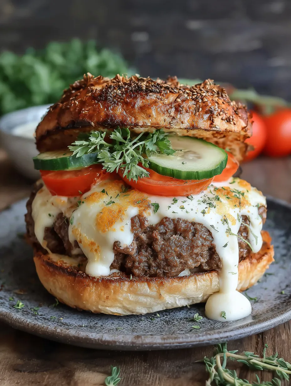 Ein Hamburger mit Käse, Tomaten, Zwiebeln und Koriander auf einem Teller.