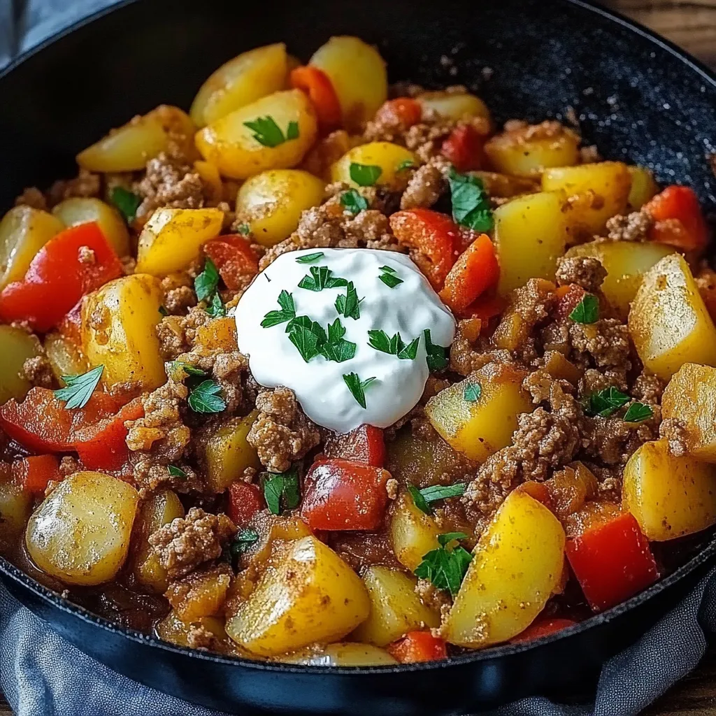 Eine Kartoffel-Paprika-Pfanne mit Hackfleisch und Créme Fraîche.
