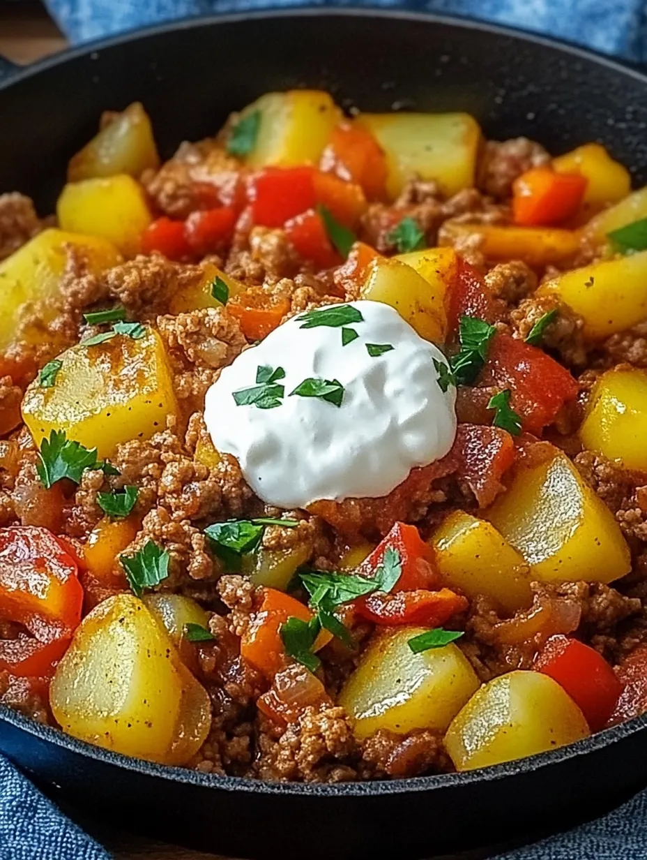 Ein Bild von einer Schüssel mit einer Mischung aus Fleisch, Kartoffeln, Paprika, Zwiebeln und Tomaten.