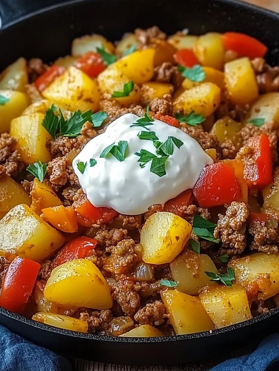 Eine Kartoffel-Paprika-Pfanne mit Hackfleisch und Créme Fraîche.