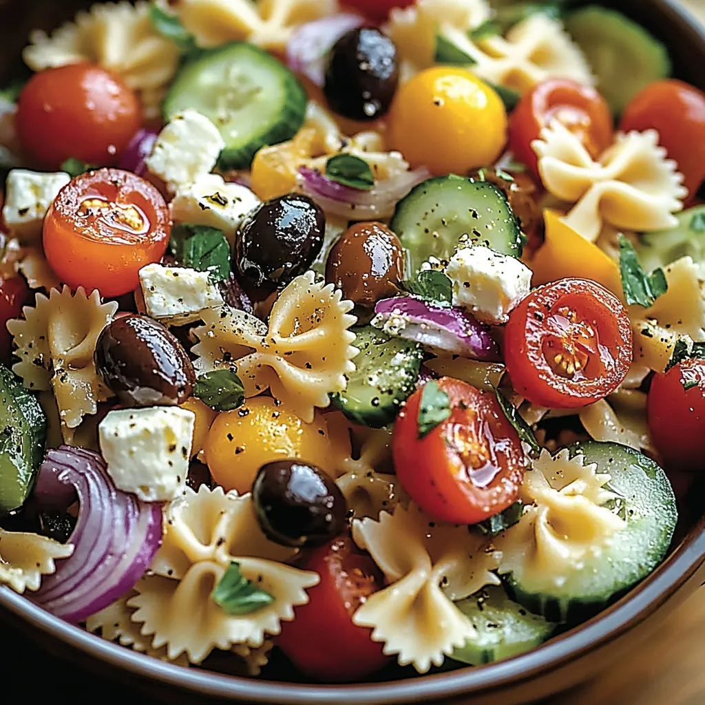 Ein Nudelsalat mit Feta und Gemüse in einem glas.