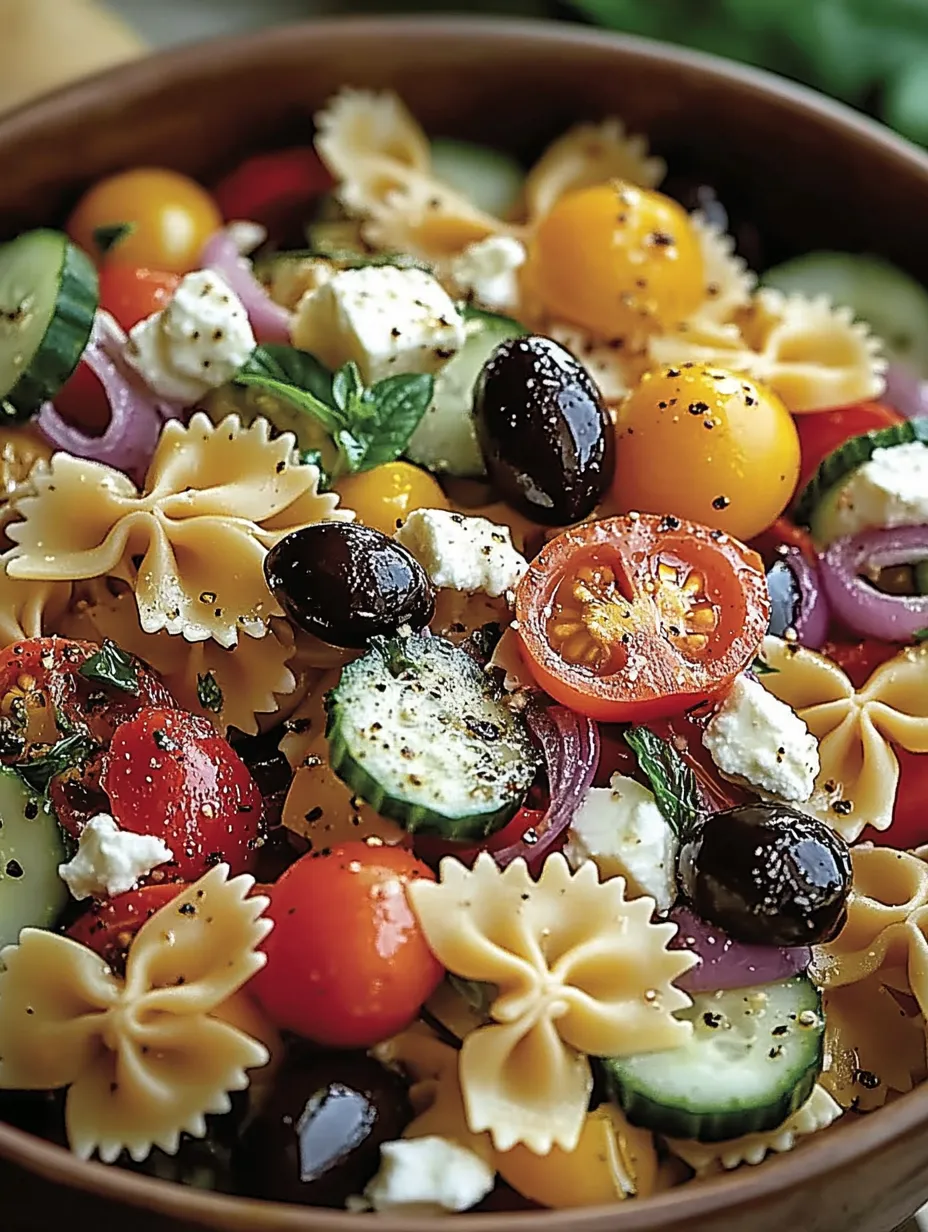 Ein Nudelsalat mit Feta und Gemüse, der aus Nudeln, Tomaten, Zucchini, Basilikum, Oliven und Käse besteht.