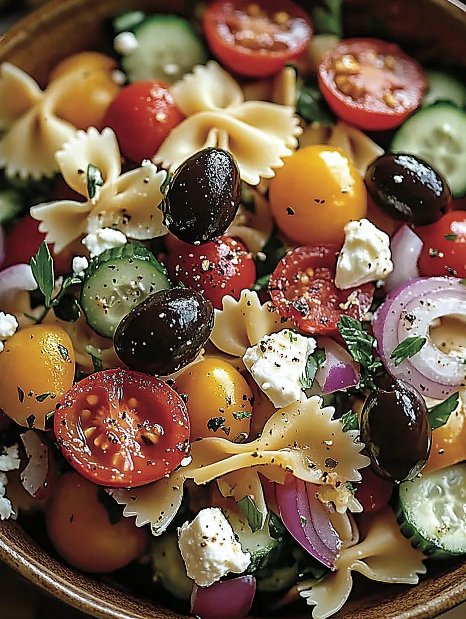Ein Nudelsalat mit Feta und Gemüse, der aus Nudeln, Tomaten, Zucchini, Paprika, Onion, Basilikum und Oliven besteht.