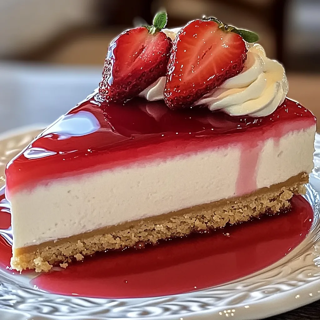 Ein Stück Erdbeer Käsekuchen ohne Backen auf einem weißen Teller.