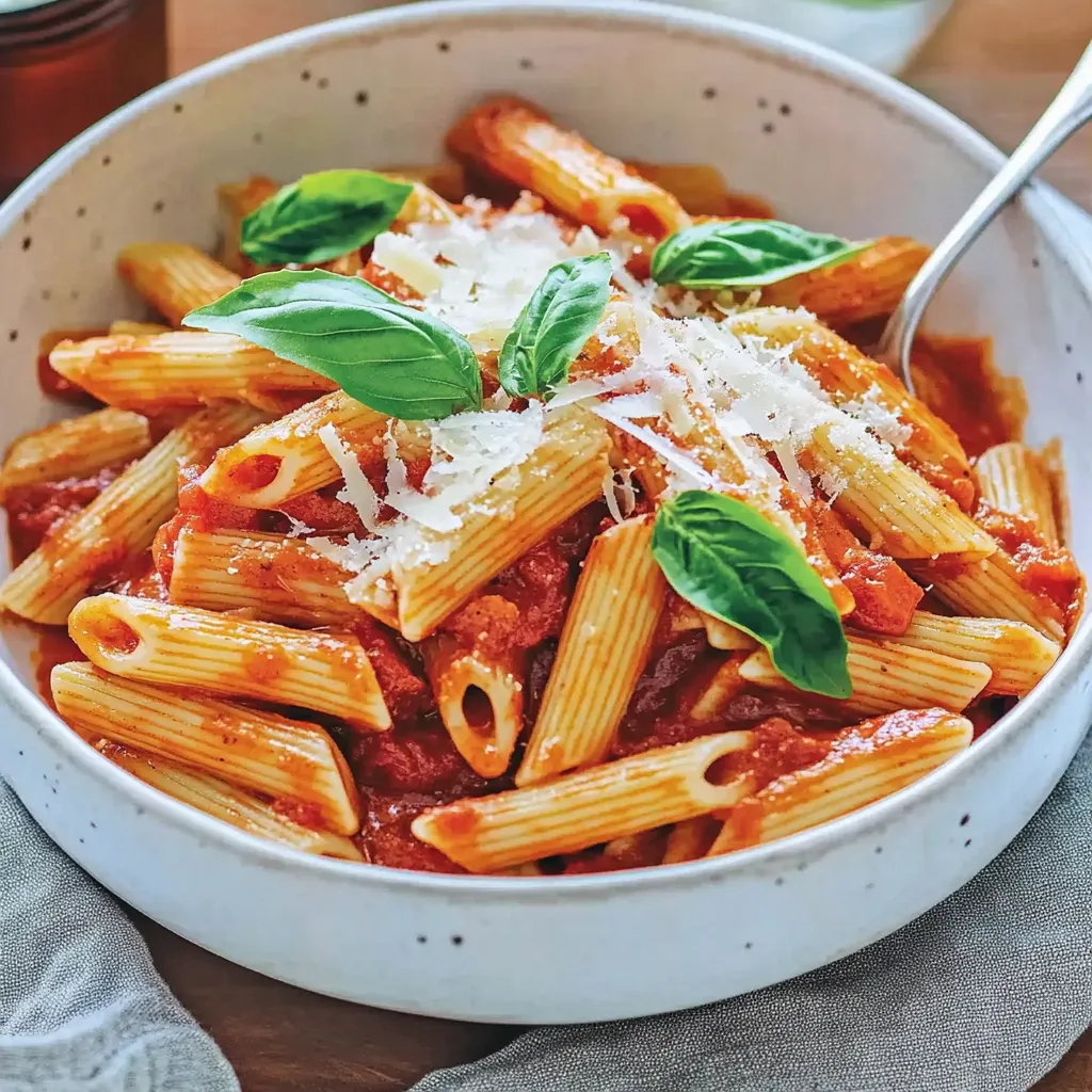 Ein weißer Teller mit Penne Arrabiata, einer fruchtigen und scharfen Pasta-Speise, die typischerweise mit Tomaten, Knoblauch und Kräutern zubereitet wird.