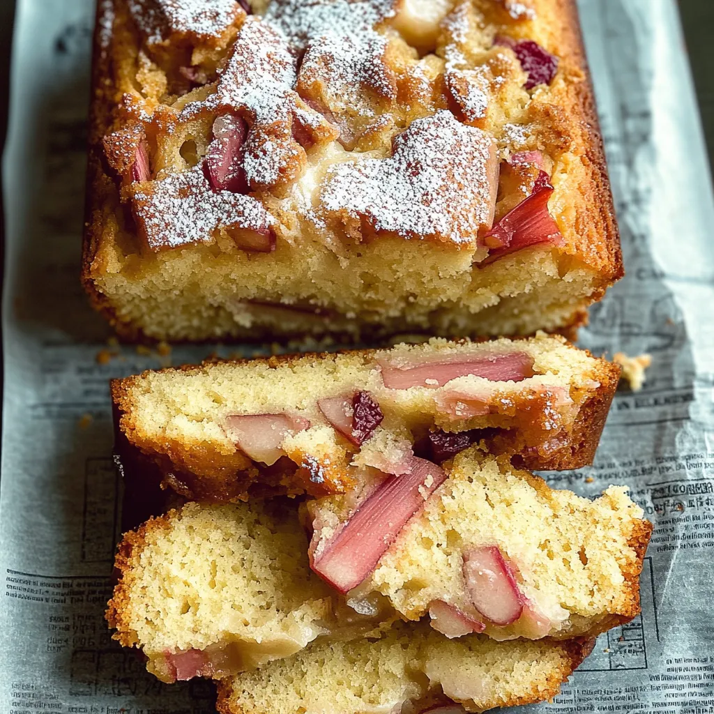 Ein Kuchen mit Rhabarber-Joghurt-Zutaten, der in einer Kastenform hergestellt wurde.